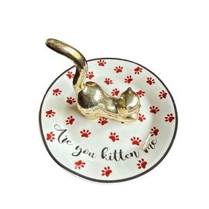 Pow Wow Porcelain “Are you kitten me” Cat theme Ring Holder with Red Paw Prints